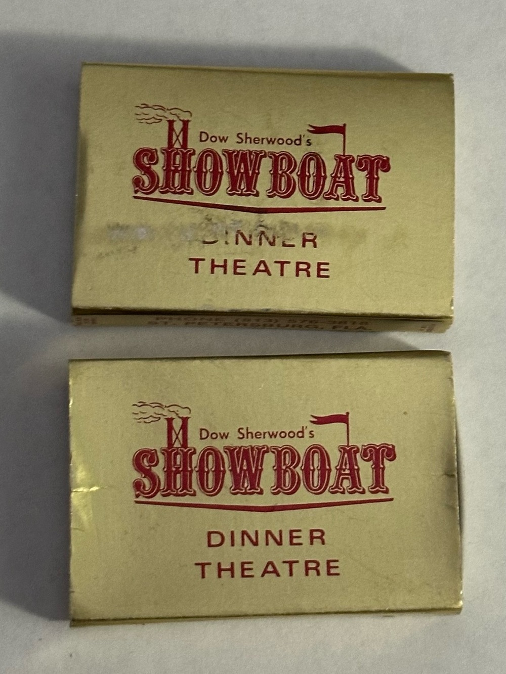 Lot of 2 Vintage Matchbox Dow Sherwoods Showboat Dinner Theatre St Petersburg FL